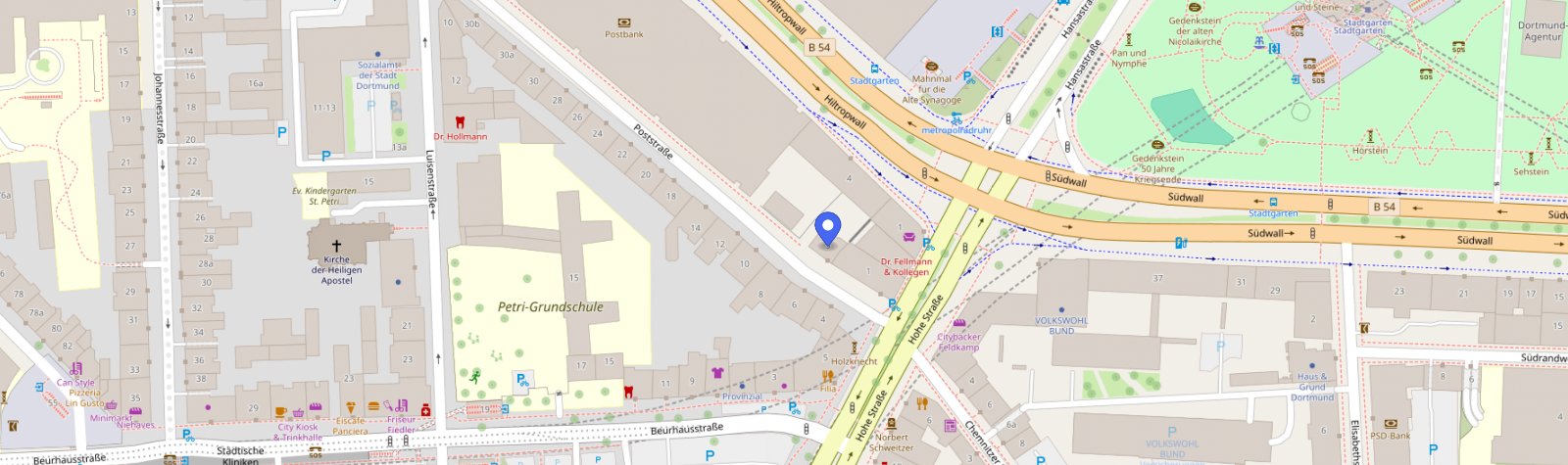 Karte: Lage der Praxis RehAktion an der Poststraße 3, 44137 Dortmund, nahe Stadtgarten und Wall
